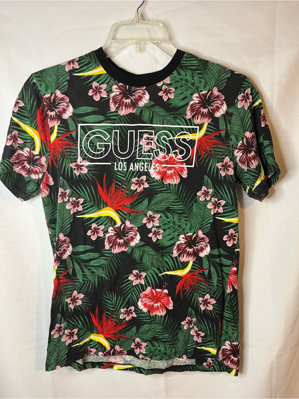 GUESS Black Tropical Floral Logo Tee with Pink & Red Blooms - Picture 2 of 5